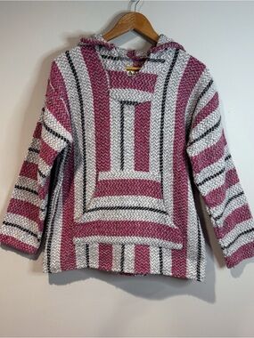 Baja Joe Mexican Baja Pullover Hoodie Pink Grey Boho Hippie Festival Beach M